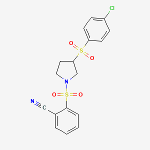 molecular formula C17H15ClN2O4S2 B2517083 2-((3-((4-Chlorophenyl)sulfonyl)pyrrolidin-1-yl)sulfonyl)benzonitrile CAS No. 1448069-64-4