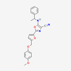 molecular formula C24H21N3O4 B2517086 2-{5-[(4-Methoxyphenoxy)methyl]furan-2-yl}-5-[(1-phenylethyl)amino]-1,3-oxazole-4-carbonitrile CAS No. 946278-57-5