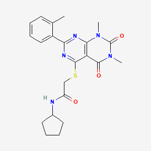 molecular formula C22H25N5O3S B2517187 N-cyclopentyl-2-((6,8-dimethyl-5,7-dioxo-2-(o-tolyl)-5,6,7,8-tetrahydropyrimido[4,5-d]pyrimidin-4-yl)thio)acetamide CAS No. 893904-25-1