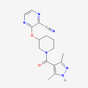 molecular formula C16H18N6O2 B2517190 3-((1-(3,5-dimethyl-1H-pyrazole-4-carbonyl)piperidin-3-yl)oxy)pyrazine-2-carbonitrile CAS No. 2034200-85-4