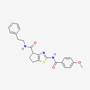 molecular formula C23H23N3O3S B2517201 2-(4-methoxybenzamido)-N-phenethyl-5,6-dihydro-4H-cyclopenta[d]thiazole-4-carboxamide CAS No. 941968-28-1