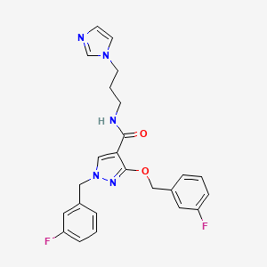 molecular formula C24H23F2N5O2 B2517218 3-[(3-fluorophenyl)methoxy]-1-[(3-fluorophenyl)methyl]-N-[3-(1H-imidazol-1-yl)propyl]-1H-pyrazole-4-carboxamide CAS No. 1014088-94-8