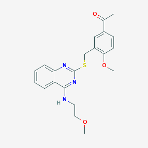 molecular formula C21H23N3O3S B2517263 1-[4-Methoxy-3-[[4-(2-methoxyethylamino)quinazolin-2-yl]sulfanylmethyl]phenyl]ethanone CAS No. 422533-00-4