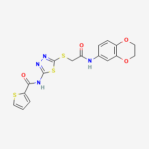 molecular formula C17H14N4O4S3 B2517275 N-(5-((2-((2,3-dihydrobenzo[b][1,4]dioxin-6-yl)amino)-2-oxoethyl)thio)-1,3,4-thiadiazol-2-yl)thiophene-2-carboxamide CAS No. 868976-34-5