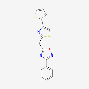 molecular formula C16H11N3OS2 B2517280 3-Phenyl-5-((4-(thiophen-2-yl)thiazol-2-yl)methyl)-1,2,4-oxadiazole CAS No. 1251616-58-6
