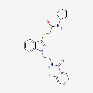 molecular formula C24H26FN3O2S B2517611 N-[2-[3-[2-(cyclopentylamino)-2-oxoethyl]sulfanylindol-1-yl]ethyl]-2-fluorobenzamide CAS No. 851714-79-9