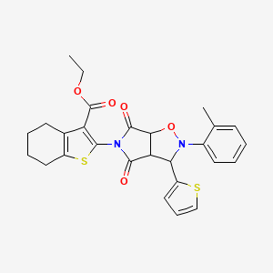 molecular formula C27H26N2O5S2 B2517631 ethyl 2-[2-(2-methylphenyl)-4,6-dioxo-3-(thiophen-2-yl)-hexahydro-2H-pyrrolo[3,4-d][1,2]oxazol-5-yl]-4,5,6,7-tetrahydro-1-benzothiophene-3-carboxylate CAS No. 1005045-33-9