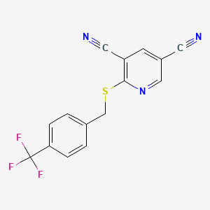 molecular formula C15H8F3N3S B2518100 2-{[4-(Trifluoromethyl)benzyl]sulfanyl}-3,5-pyridinedicarbonitrile CAS No. 321430-63-1
