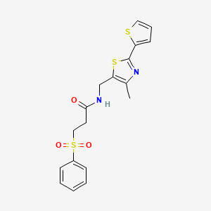 molecular formula C18H18N2O3S3 B2518198 N-((4-methyl-2-(thiophen-2-yl)thiazol-5-yl)methyl)-3-(phenylsulfonyl)propanamide CAS No. 1421508-98-6
