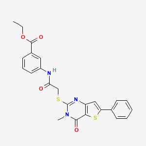 molecular formula C24H21N3O4S2 B2518312 ethyl 3-[2-({3-methyl-4-oxo-6-phenyl-3H,4H-thieno[3,2-d]pyrimidin-2-yl}sulfanyl)acetamido]benzoate CAS No. 1105252-10-5