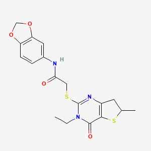 molecular formula C18H19N3O4S2 B2518565 N-(2H-1,3-benzodioxol-5-yl)-2-({3-ethyl-6-methyl-4-oxo-3H,4H,6H,7H-thieno[3,2-d]pyrimidin-2-yl}sulfanyl)acetamide CAS No. 851409-46-6