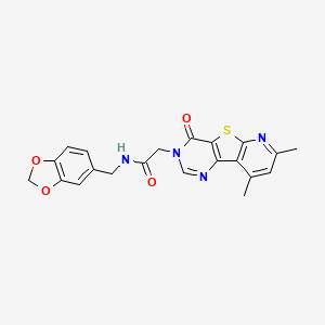 molecular formula C21H18N4O4S B2518597 N-(1,3-benzodioxol-5-ylmethyl)-2-(11,13-dimethyl-6-oxo-8-thia-3,5,10-triazatricyclo[7.4.0.02,7]trideca-1(9),2(7),3,10,12-pentaen-5-yl)acetamide CAS No. 946235-58-1