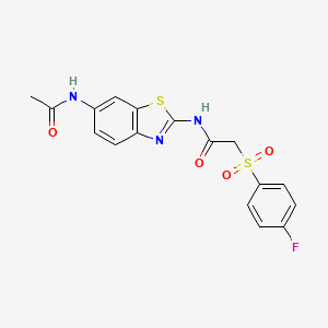 molecular formula C17H14FN3O4S2 B2518960 N-(6-acetamido-1,3-benzothiazol-2-yl)-2-(4-fluorobenzenesulfonyl)acetamide CAS No. 895468-70-9