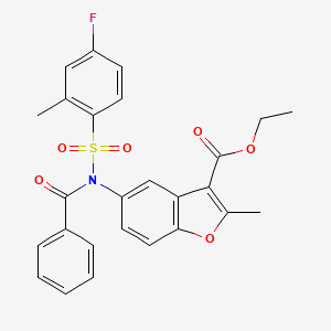 molecular formula C26H22FNO6S B2519001 ethyl 5-(N-((4-fluoro-2-methylphenyl)sulfonyl)benzamido)-2-methylbenzofuran-3-carboxylate CAS No. 865614-04-6