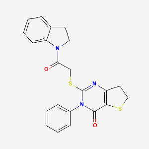 molecular formula C22H19N3O2S2 B2519245 2-((2-(indolin-1-yl)-2-oxoethyl)thio)-3-phenyl-6,7-dihydrothieno[3,2-d]pyrimidin-4(3H)-one CAS No. 686770-16-1