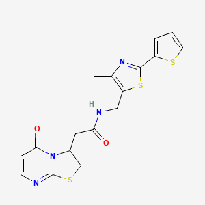molecular formula C17H16N4O2S3 B2519437 N-{[4-methyl-2-(thiophen-2-yl)-1,3-thiazol-5-yl]methyl}-2-{5-oxo-2H,3H,5H-[1,3]thiazolo[3,2-a]pyrimidin-3-yl}acetamide CAS No. 1705217-47-5