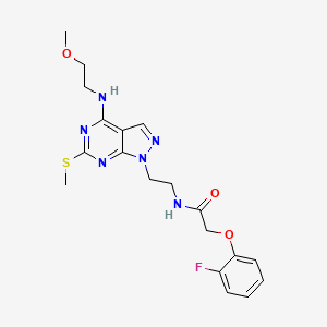 molecular formula C19H23FN6O3S B2519732 2-(2-氟苯氧基)-N-(2-(4-((2-甲氧基乙基)氨基)-6-(甲硫基)-1H-吡唑并[3,4-d]嘧啶-1-基)乙基)乙酰胺 CAS No. 941896-71-5