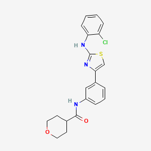 molecular formula C21H20ClN3O2S B2519739 N-(3-(2-((2-chlorophenyl)amino)thiazol-4-yl)phenyl)tetrahydro-2H-pyran-4-carboxamide CAS No. 1797181-84-0