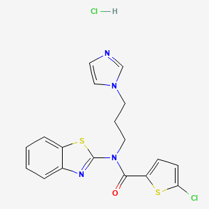 molecular formula C18H16Cl2N4OS2 B2519769 N-(1,3-benzothiazol-2-yl)-5-chloro-N-[3-(1H-imidazol-1-yl)propyl]thiophene-2-carboxamide hydrochloride CAS No. 1216743-05-3