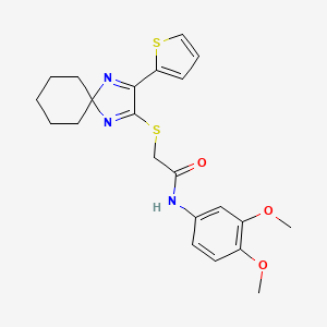 molecular formula C22H25N3O3S2 B2520127 N-(3,4-dimethoxyphenyl)-2-((3-(thiophen-2-yl)-1,4-diazaspiro[4.5]deca-1,3-dien-2-yl)thio)acetamide CAS No. 1223989-15-8