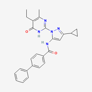 molecular formula C26H25N5O2 B2520793 N-(3-Cyclopropyl-1-(5-ethyl-4-methyl-6-oxo-1,6-dihydropyrimidin-2-yl)-1H-pyrazol-5-yl)-[1,1'-biphenyl]-4-carboxamide CAS No. 1206996-85-1