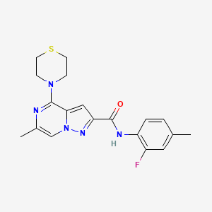 molecular formula C19H20FN5OS B2521010 N-(2-Fluoro-4-methylphenyl)-6-methyl-4-(thiomorpholin-4-YL)pyrazolo[1,5-A]pyrazine-2-carboxamide CAS No. 1775378-58-9