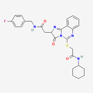molecular formula C27H28FN5O3S B2521243 N-cyclohexyl-2-{[2-({[(4-fluorophenyl)methyl]carbamoyl}methyl)-3-oxo-2H,3H-imidazo[1,2-c]quinazolin-5-yl]sulfanyl}acetamide CAS No. 1173737-21-7