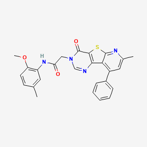 molecular formula C26H22N4O3S B2521521 N-(2-methoxy-5-methylphenyl)-2-(11-methyl-6-oxo-13-phenyl-8-thia-3,5,10-triazatricyclo[7.4.0.02,7]trideca-1(13),2(7),3,9,11-pentaen-5-yl)acetamide CAS No. 946236-50-6