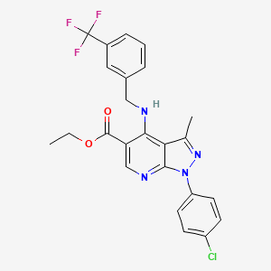 molecular formula C24H20ClF3N4O2 B2521630 ethyl 1-(4-chlorophenyl)-3-methyl-4-{[3-(trifluoromethyl)benzyl]amino}-1H-pyrazolo[3,4-b]pyridine-5-carboxylate CAS No. 866132-88-9