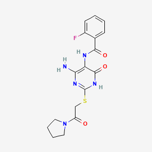 molecular formula C17H18FN5O3S B2521651 N-(4-amino-6-oxo-2-((2-oxo-2-(pyrrolidin-1-yl)ethyl)thio)-1,6-dihydropyrimidin-5-yl)-2-fluorobenzamide CAS No. 888421-99-6