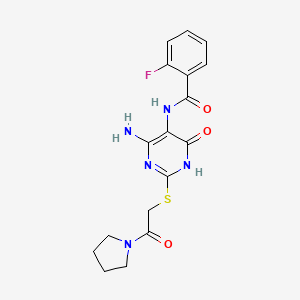 N-(4-amino-6-oxo-2-((2-oxo-2-(pyrrolidin-1-yl)ethyl)thio)-1,6-dihydropyrimidin-5-yl)-2-fluorobenzamide