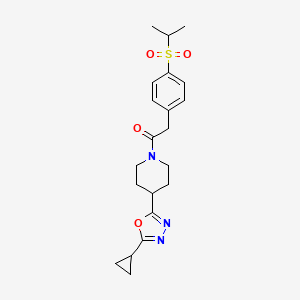 molecular formula C21H27N3O4S B2521721 1-(4-(5-Cyclopropyl-1,3,4-oxadiazol-2-yl)piperidin-1-yl)-2-(4-(isopropylsulfonyl)phenyl)ethanone CAS No. 1211648-89-3