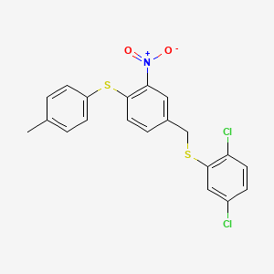 molecular formula C20H15Cl2NO2S2 B2521783 4-{[(2,5-Dichlorophenyl)sulfanyl]methyl}-1-[(4-methylphenyl)sulfanyl]-2-nitrobenzene CAS No. 477869-71-9
