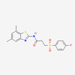 molecular formula C18H17FN2O3S2 B2522131 N-(5,7-dimethylbenzo[d]thiazol-2-yl)-3-((4-fluorophenyl)sulfonyl)propanamide CAS No. 895452-93-4