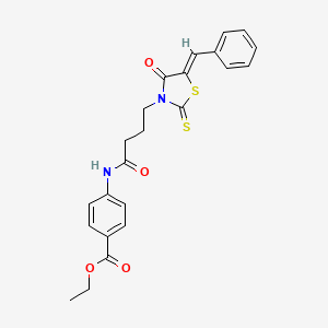 molecular formula C23H22N2O4S2 B2522244 ETHYL 4-{4-[(5Z)-4-OXO-5-(PHENYLMETHYLIDENE)-2-SULFANYLIDENE-1,3-THIAZOLIDIN-3-YL]BUTANAMIDO}BENZOATE CAS No. 307527-10-2