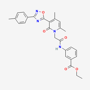 molecular formula C27H26N4O5 B2522388 Ethyl 3-(2-{4,6-dimethyl-3-[3-(4-methylphenyl)-1,2,4-oxadiazol-5-yl]-2-oxo-1,2-dihydropyridin-1-yl}acetamido)benzoate CAS No. 946269-52-9