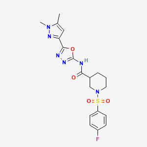 molecular formula C19H21FN6O4S B2522659 N-(5-(1,5-dimethyl-1H-pyrazol-3-yl)-1,3,4-oxadiazol-2-yl)-1-((4-fluorophenyl)sulfonyl)piperidine-3-carboxamide CAS No. 1171658-64-2