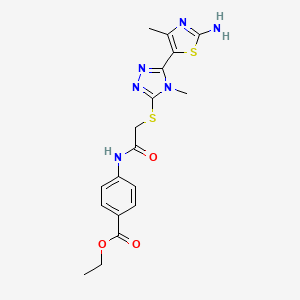 molecular formula C18H20N6O3S2 B2522977 ethyl 4-(2-{[5-(2-amino-4-methyl-1,3-thiazol-5-yl)-4-methyl-4H-1,2,4-triazol-3-yl]sulfanyl}acetamido)benzoate CAS No. 868214-61-3