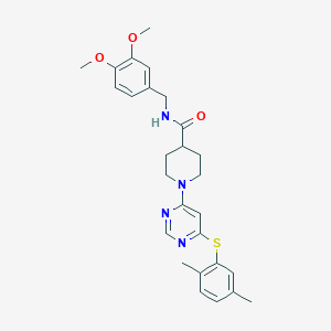 molecular formula C27H32N4O3S B2523358 N-[(3,4-dimethoxyphenyl)methyl]-1-{6-[(2,5-dimethylphenyl)sulfanyl]pyrimidin-4-yl}piperidine-4-carboxamide CAS No. 1116045-45-4