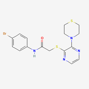 molecular formula C16H17BrN4OS2 B2523455 N-(4-bromophenyl)-2-((3-thiomorpholinopyrazin-2-yl)thio)acetamide CAS No. 1226457-74-4