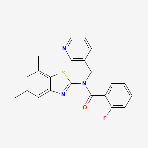 molecular formula C22H18FN3OS B2523599 N-(5,7-dimethyl-1,3-benzothiazol-2-yl)-2-fluoro-N-[(pyridin-3-yl)methyl]benzamide CAS No. 895424-18-7