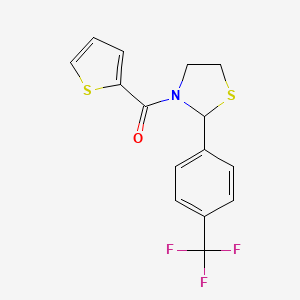 molecular formula C15H12F3NOS2 B2523678 Thiophen-2-yl(2-(4-(trifluoromethyl)phenyl)thiazolidin-3-yl)methanone CAS No. 1023484-14-1