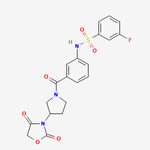molecular formula C20H18FN3O6S B2523709 N-(3-(3-(2,4-dioxooxazolidin-3-yl)pyrrolidine-1-carbonyl)phenyl)-3-fluorobenzenesulfonamide CAS No. 2034240-79-2
