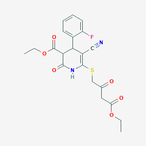 molecular formula C21H21FN2O6S B2523725 Ethyl 5-cyano-6-((4-ethoxy-2,4-dioxobutyl)thio)-4-(2-fluorophenyl)-2-oxo-1,2,3,4-tetrahydropyridine-3-carboxylate CAS No. 797021-39-7
