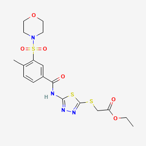 molecular formula C18H22N4O6S3 B2523788 Ethyl 2-((5-(4-methyl-3-(morpholinosulfonyl)benzamido)-1,3,4-thiadiazol-2-yl)thio)acetate CAS No. 690248-86-3
