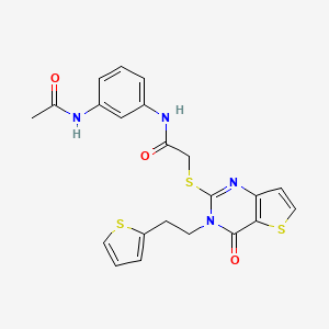 molecular formula C22H20N4O3S3 B2523982 N-(3-acetamidophenyl)-2-({4-oxo-3-[2-(thiophen-2-yl)ethyl]-3H,4H-thieno[3,2-d]pyrimidin-2-yl}sulfanyl)acetamide CAS No. 1261006-44-3