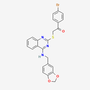 molecular formula C24H18BrN3O3S B2524027 2-[(4-{[(2H-1,3-benzodioxol-5-yl)methyl]amino}quinazolin-2-yl)sulfanyl]-1-(4-bromophenyl)ethan-1-one CAS No. 896698-53-6