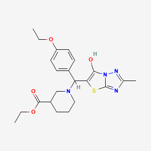 molecular formula C22H28N4O4S B2524360 Ethyl 1-((4-ethoxyphenyl)(6-hydroxy-2-methylthiazolo[3,2-b][1,2,4]triazol-5-yl)methyl)piperidine-3-carboxylate CAS No. 869342-98-3