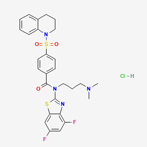 molecular formula C28H29ClF2N4O3S2 B2524384 N-(4,6-difluoro-1,3-benzothiazol-2-yl)-N-[3-(dimethylamino)propyl]-4-(1,2,3,4-tetrahydroquinoline-1-sulfonyl)benzamide hydrochloride CAS No. 1322233-02-2