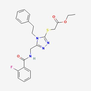 molecular formula C22H23FN4O3S B2524445 ethyl 2-((5-((2-fluorobenzamido)methyl)-4-phenethyl-4H-1,2,4-triazol-3-yl)thio)acetate CAS No. 689747-45-3